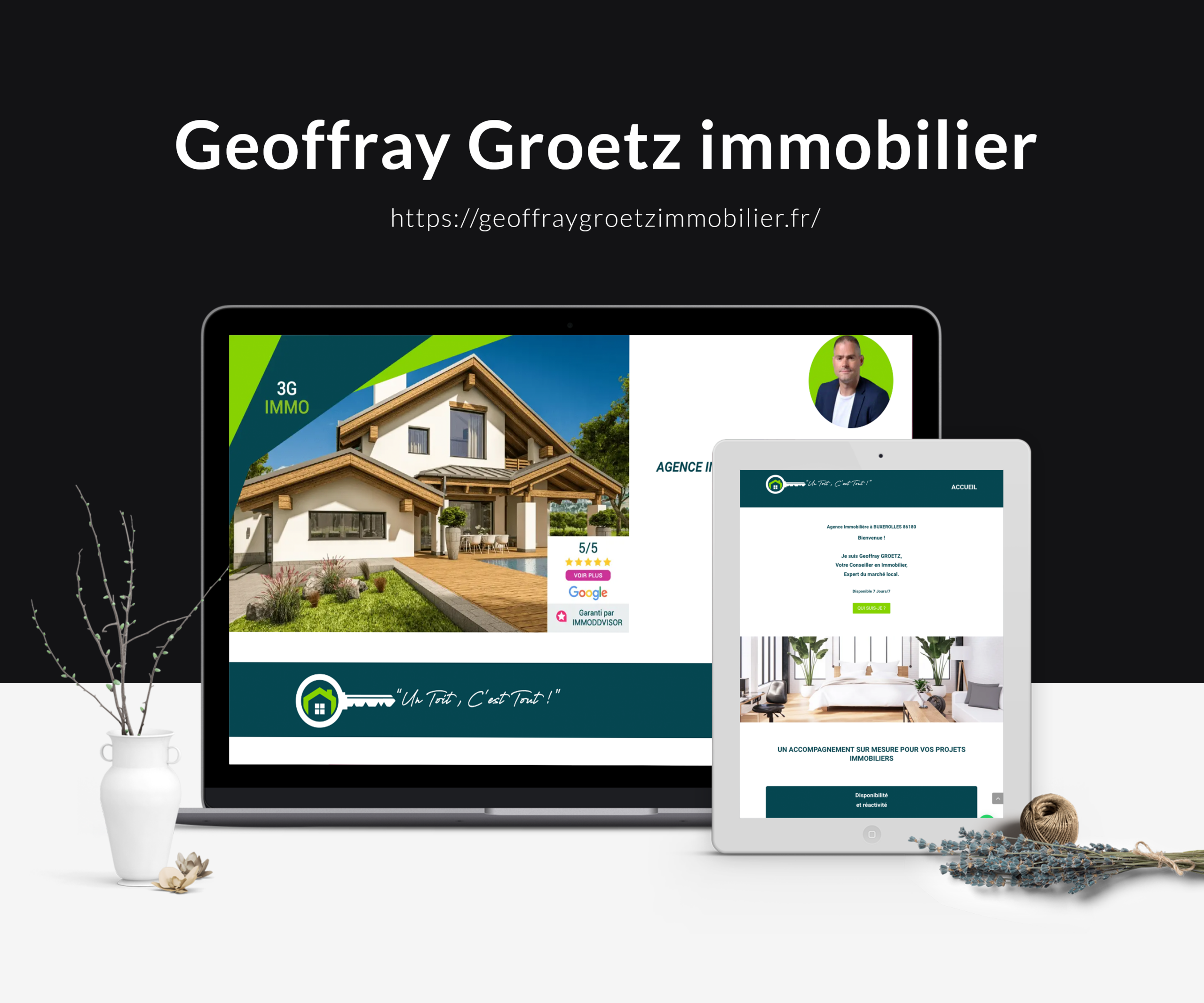 Image de type mockup, représentant un ordinateur de bureau et une tablette avec un extrait d'image du site internet de geoffray Groetz Immobilier - Web design Adrena Lign